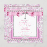 Girls First Holy Communion Cross Pretty Pink Pearl Invitation
