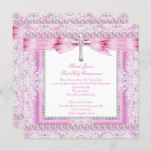 Girls First Holy Communion Cross Pretty Pink Pearl Invitation