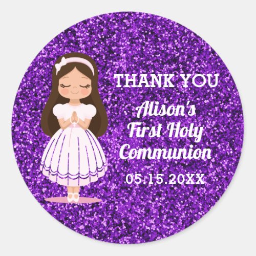 Girls First Holy Communion Cute Purple Classic Round Sticker