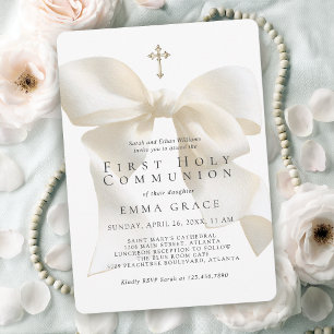 Girl's First Holy Communion Elegant Ivory Bow Invitation