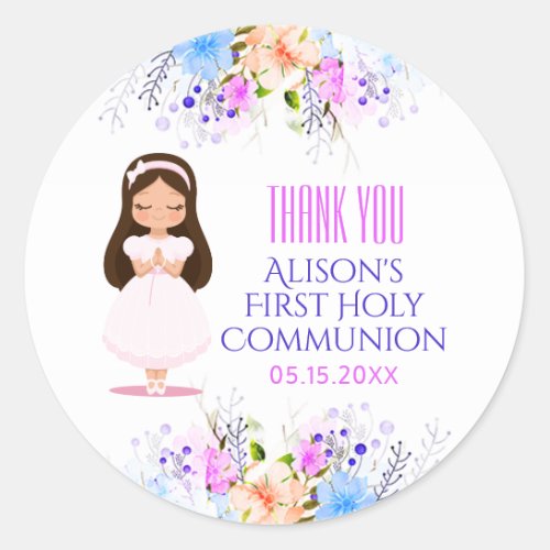 Girls First Holy Communion Floral Classic Round Sticker