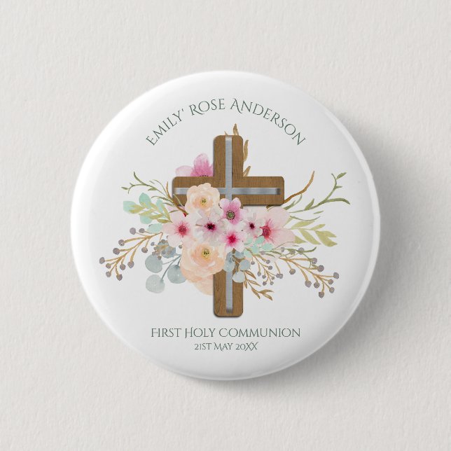 Girls First Holy Communion Floral Cross Customized Button (Front)