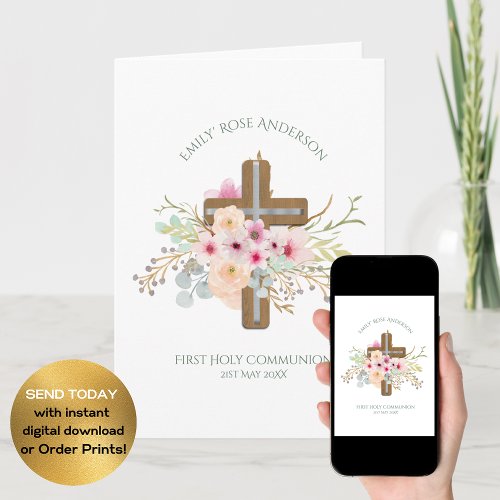 Girls First Holy Communion Floral Cross Customized Card