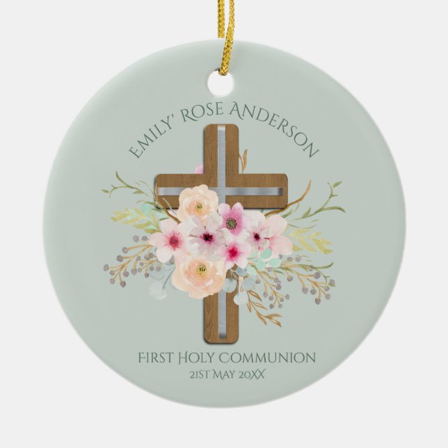 Girls First Holy Communion Floral Cross Customized Ceramic Ornament (Front)