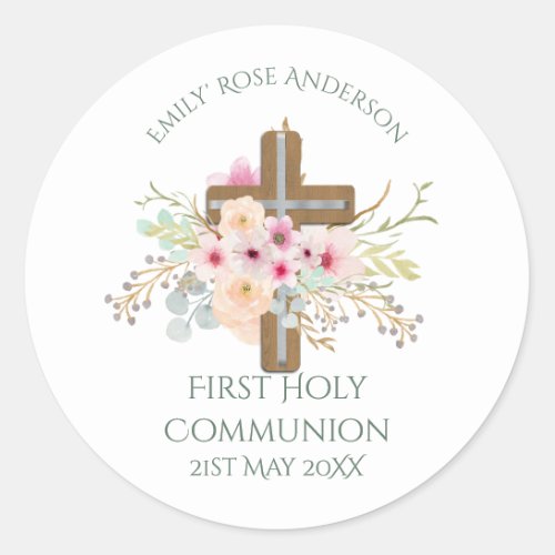 Girls First Holy Communion Floral Cross Customized Classic Round Sticker