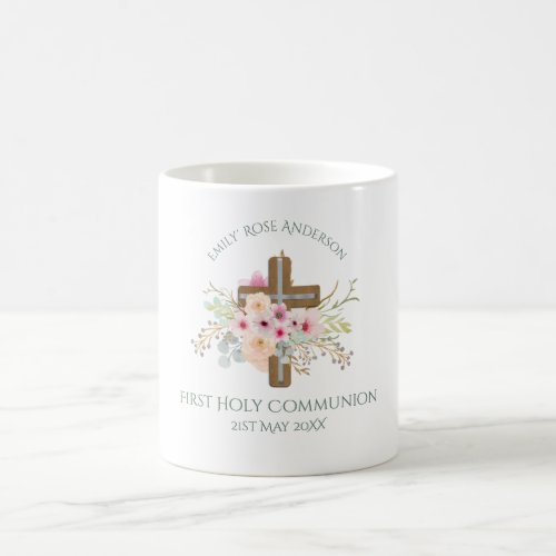 Girls First Holy Communion Floral Cross Customized Coffee Mug