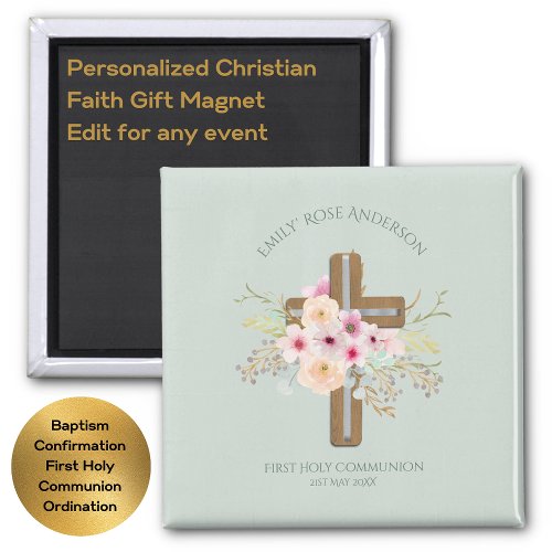 Girls First Holy Communion Floral Cross Customized Magnet