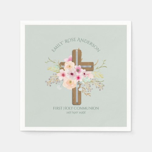 Girls First Holy Communion Floral Cross Customized Napkins