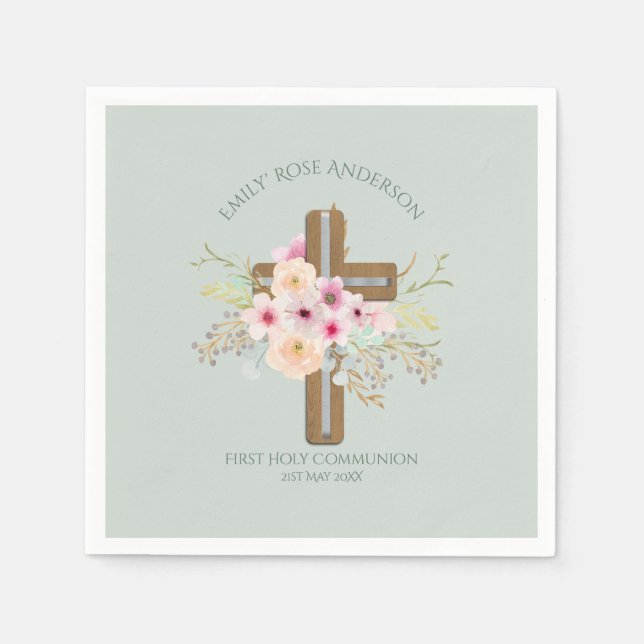Girls First Holy Communion Floral Cross Customized Napkins (Front)