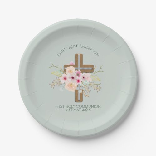 Girls First Holy Communion Floral Cross Customized Paper Plates