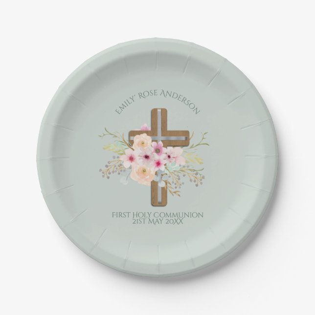 Girls First Holy Communion Floral Cross Customized Paper Plates (Front)