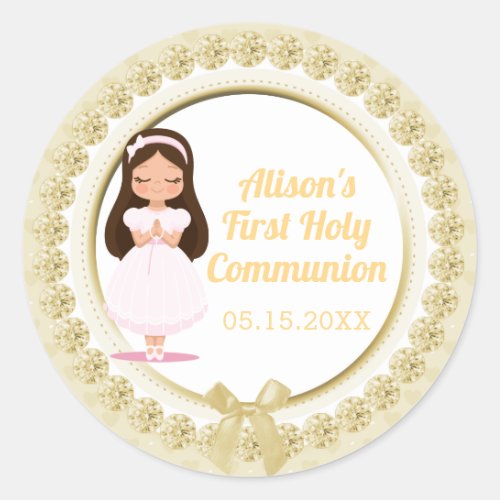Girls First Holy Communion Gold Jewels Classic Round Sticker