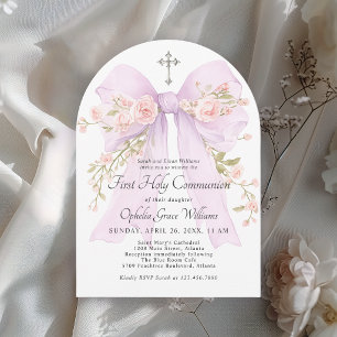 Girl's First Holy Communion Lilac Floral Bow Invitation