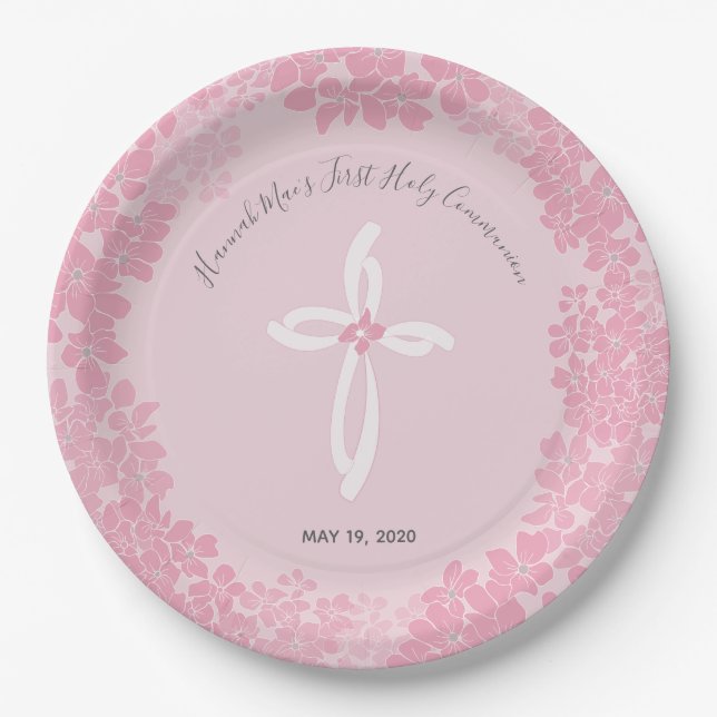 Girl's First Holy Communion Paper Plate, Floral Plates (Front)