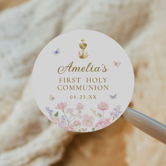Girl's First Holy Communion Pastel Floral Classic Round Sticker