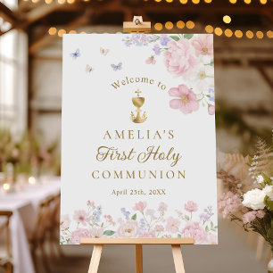 Girl's First Holy Communion Pastel Floral Welcome Foam Board