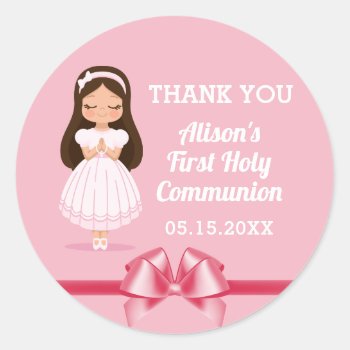 Girls First Holy Communion Pink Bow Classic Round Sticker by angela65 at Zazzle