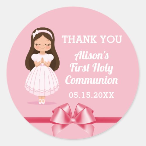 Girls First Holy Communion Pink Bow Classic Round Sticker