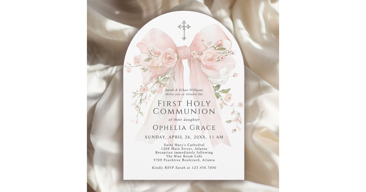 Girl's First Holy Communion Pink Floral Bow Arched Invitation | Zazzle