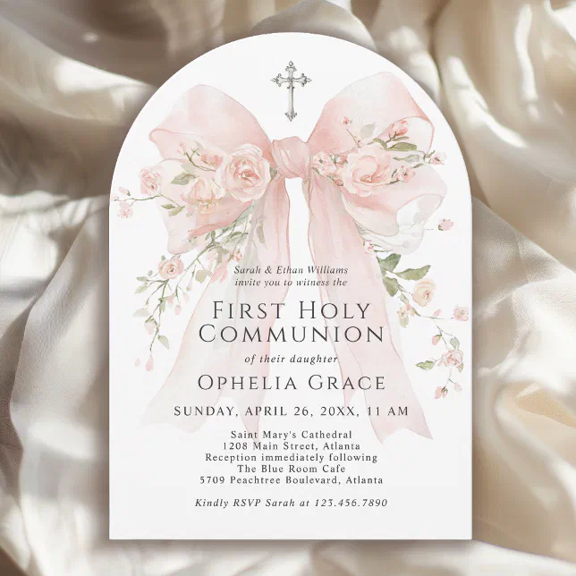 Girl's First Holy Communion Pink Floral Bow Arched Invitation | Zazzle
