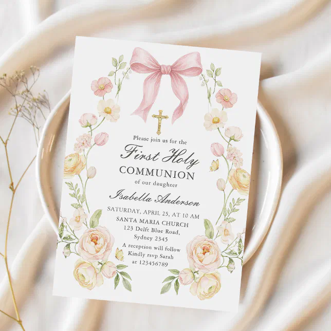 Girl's First Holy Communion Pink Floral Bow Invitation | Zazzle