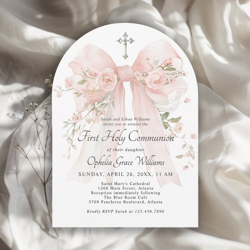 Girl's First Holy Communion Pink Floral Bow