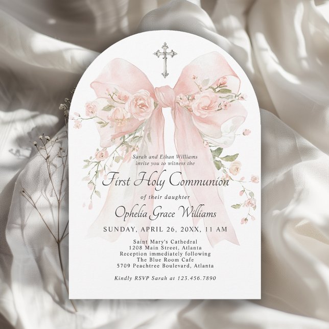 Girl's First Holy Communion Pink Floral Bow Invitation (Available in both printed and instant download digital formats.)
