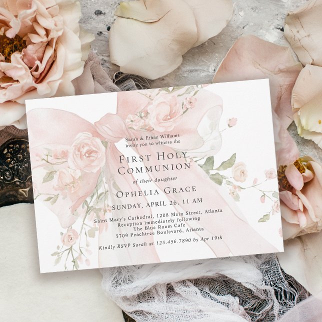 Girl's First Holy Communion Pink Floral Bow Invitation (Invitation may be ordered in both printed and instant download digital formats.)