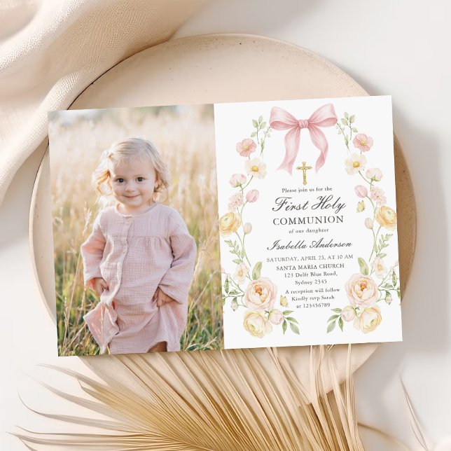Girl's First Holy Communion Pink Floral Bow Photo Invitation (Creator Uploaded)