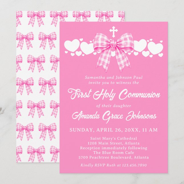 Girl's First Holy Communion Pink Gingham Bow Invitation (Front/Back)