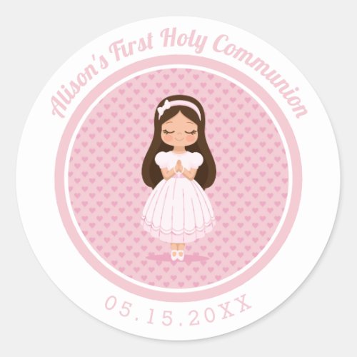 Girls First Holy Communion Pink Hearts Classic Round Sticker