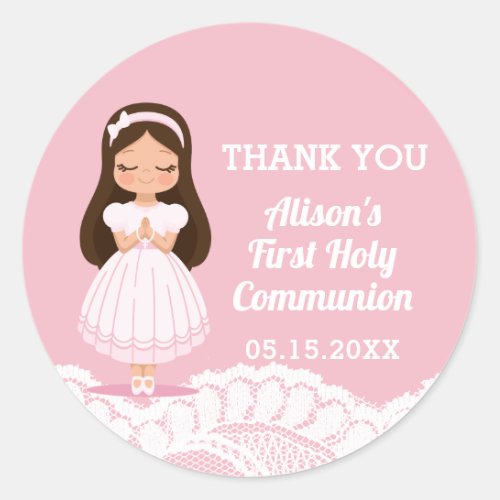 Girls First Holy Communion Pink Lace Classic Round Sticker