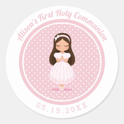 Girls First Holy Communion Pink Polka Dots Classic Round Sticker