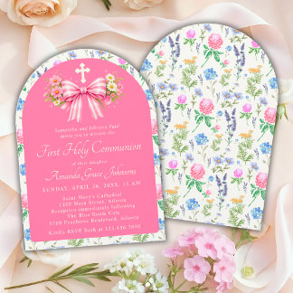Girl's First Holy Communion Pink Wildflower Bow Invitation