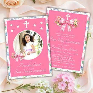 Girl's First Holy Communion Pink Wildflower Bow Invitation