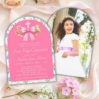 Girl's First Holy Communion Pink Wildflower Bow Invitation