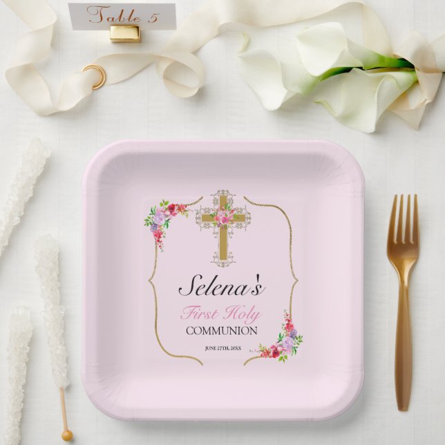 Girls First Holy Communion Pretty Floral Paper Plates (Wedding)