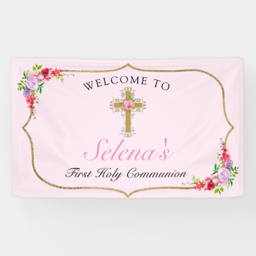 Girls First Holy Communion Pretty Floral Welcome Banner