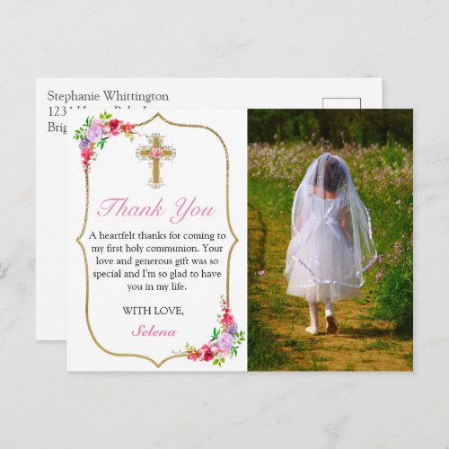 Girls First Holy Communion Pretty Photo Thank You Postcard