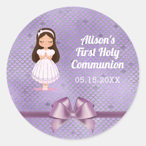 Girls First Holy Communion Purple Bow Classic Round Sticker
