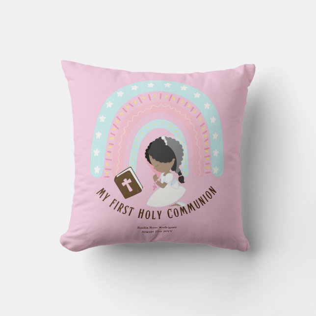 Girls First Holy Communion Rainbow Caricature Throw Pillow (Front)