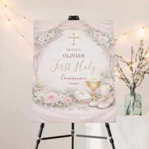Girls First Holy Communion Welcome Sign,Pink Gold Foam Board