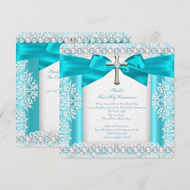 Girls First Holy Communion White Teal Blue Pearl Invitation (Front/Back)