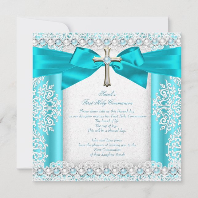 Girls First Holy Communion White Teal Blue Pearl Invitation (Front)