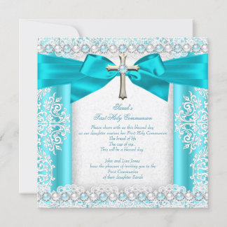Girls First Holy Communion White Teal Blue Pearl Invitation
