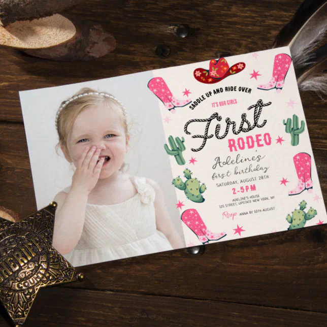 Girl's First Rodeo Photo Birthday Cowgirl Cute Invitation | Zazzle