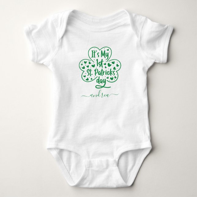 Girl's First St. Patricks Day Cute Clover & Name Baby Bodysuit (Front)
