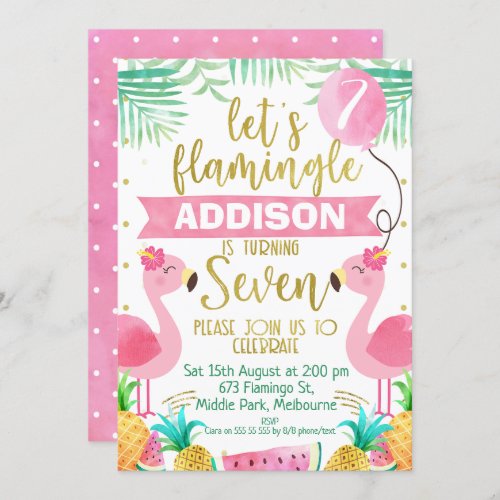 Girls flamingo balloons seventh birthday invitation