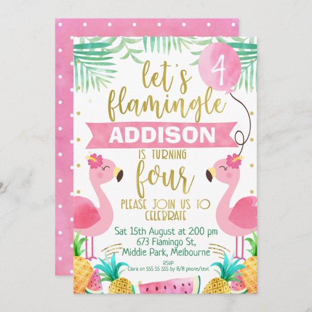 Girls flamingo fourth birthday invitation (Front/Back)