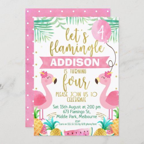 Girls flamingo fourth birthday invitation